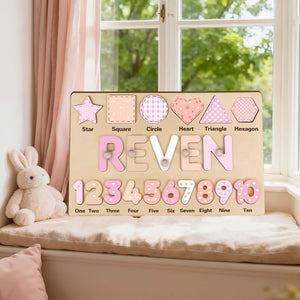 Personalized Wooden Name Puzzle - Custom Baby Gift with Shapes & Numbers 1-10, Customized Back Engraving, Baby Shower, 1st Birthday Gift