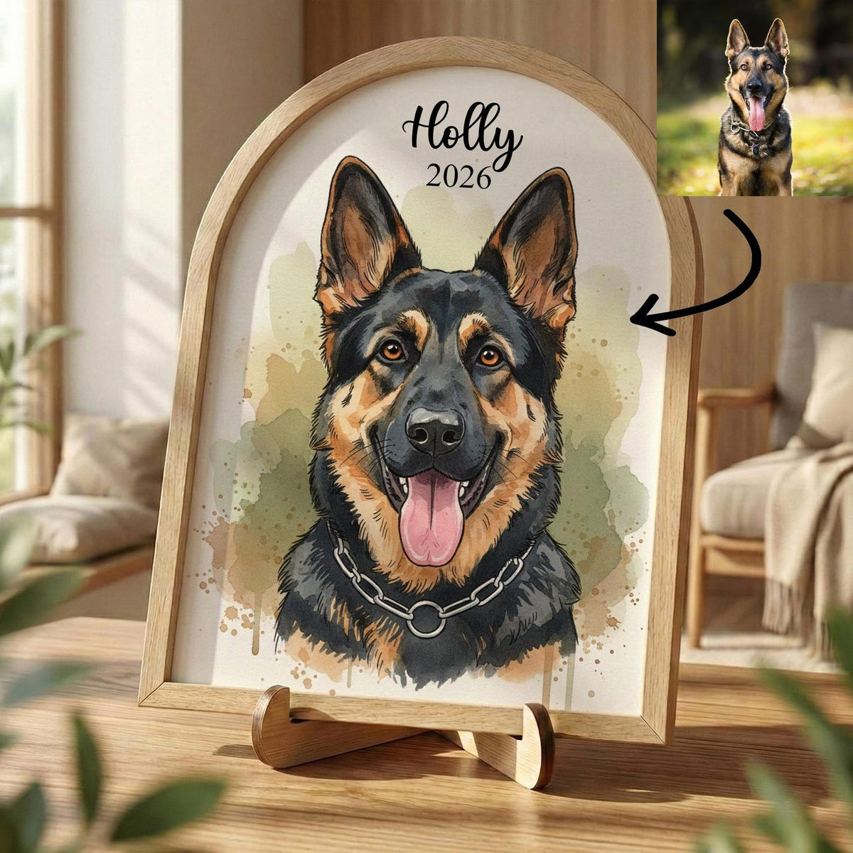 Custom Watercolor Pet Collar Sign| Loss of Dog, Cat Gift| Pet Collar Holder Using Pet Photo| Dog Memorial Wood Frame With Collar Holder