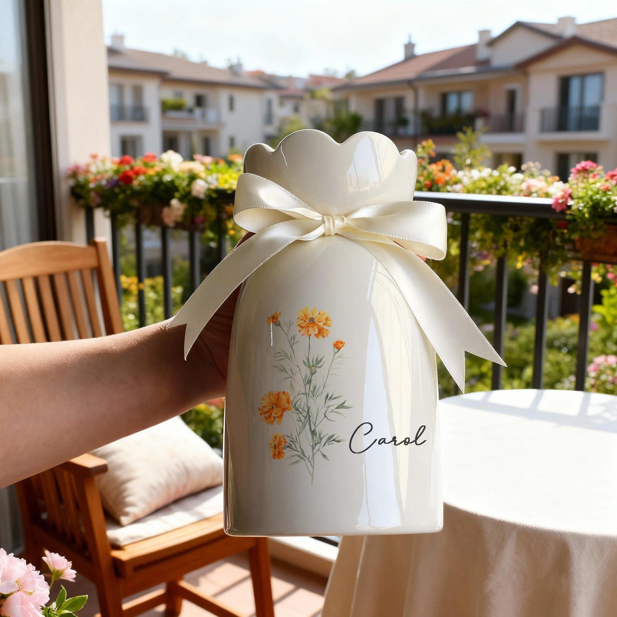 Personalized Birth Flower Vase With Name, Ceramic Vase Birthday Gift, Gift for Mom, Birthday Gift for Grandmother, Bridesmaid Gifts with Bow