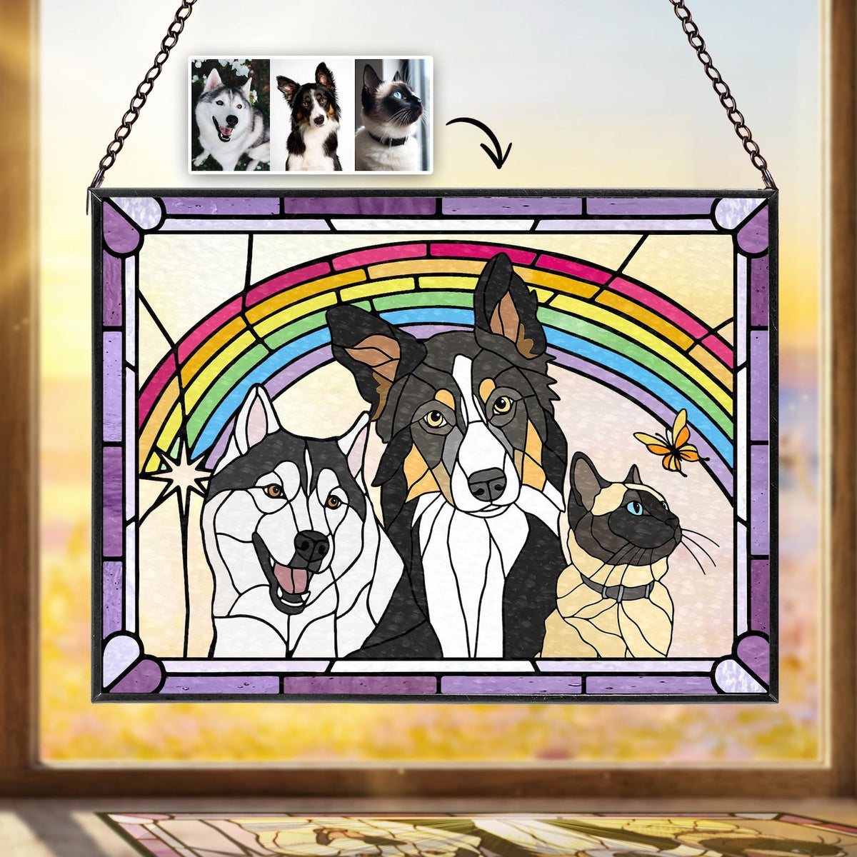 Custom Multiple Pets Portrait Glass Suncatcher, Dogs Memorial Gift, Dog Lover Gift, Gift For Dog Lover, Cat Lover Gift, Pet Memorial Gift