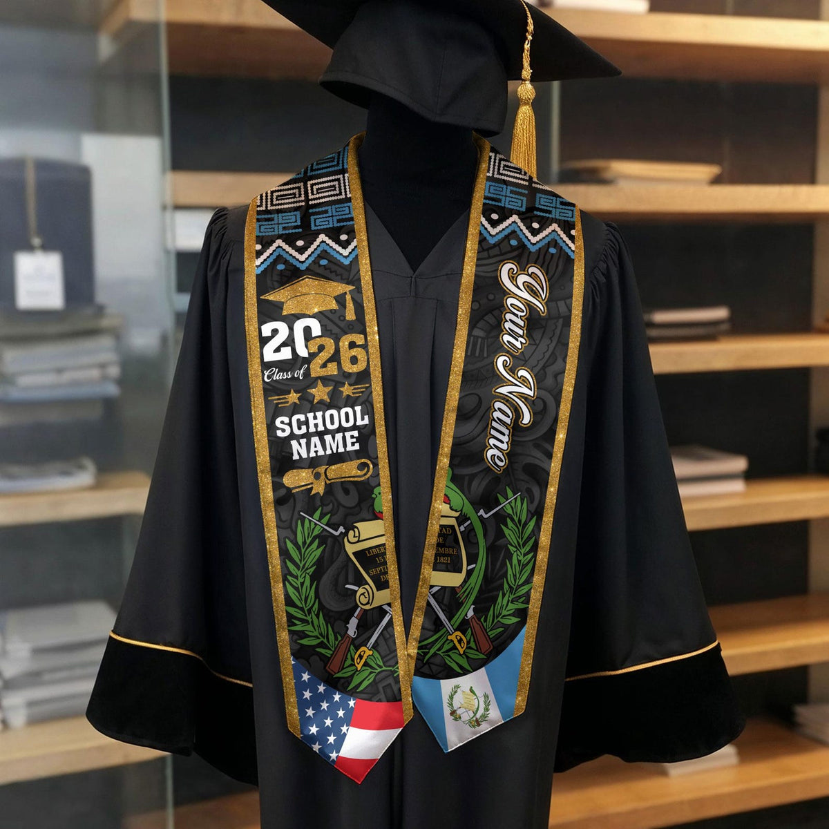 Personalized Guatemalan American Flag Graduation Sash 2026, Guatemala Graduation Stole, Guatemalan Graduation 2026, Custom Graduation Stole