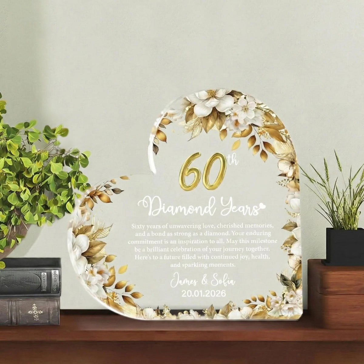 60th Anniversary Gift Personalized Diamond Anniversary Plaque Custom Names Date Keepsake Floral Acrylic Sign, Wedding Vow Renewal, Gift 2026