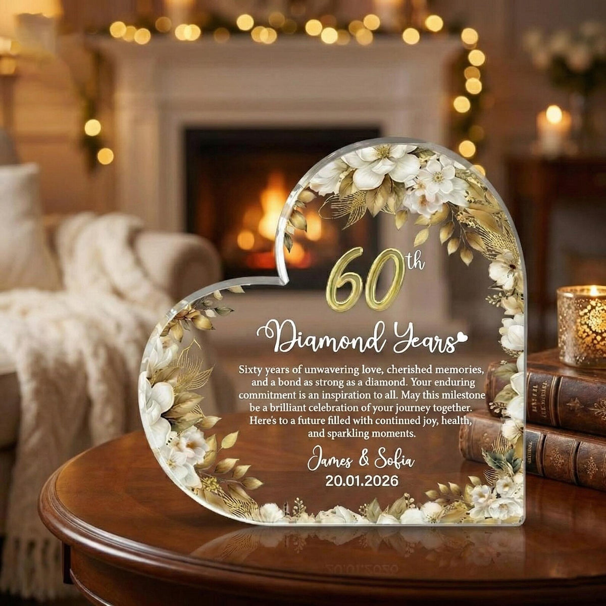60th Anniversary Gift Personalized Diamond Anniversary Plaque Custom Names Date Keepsake Floral Acrylic Sign, Wedding Vow Renewal, Gift 2026
