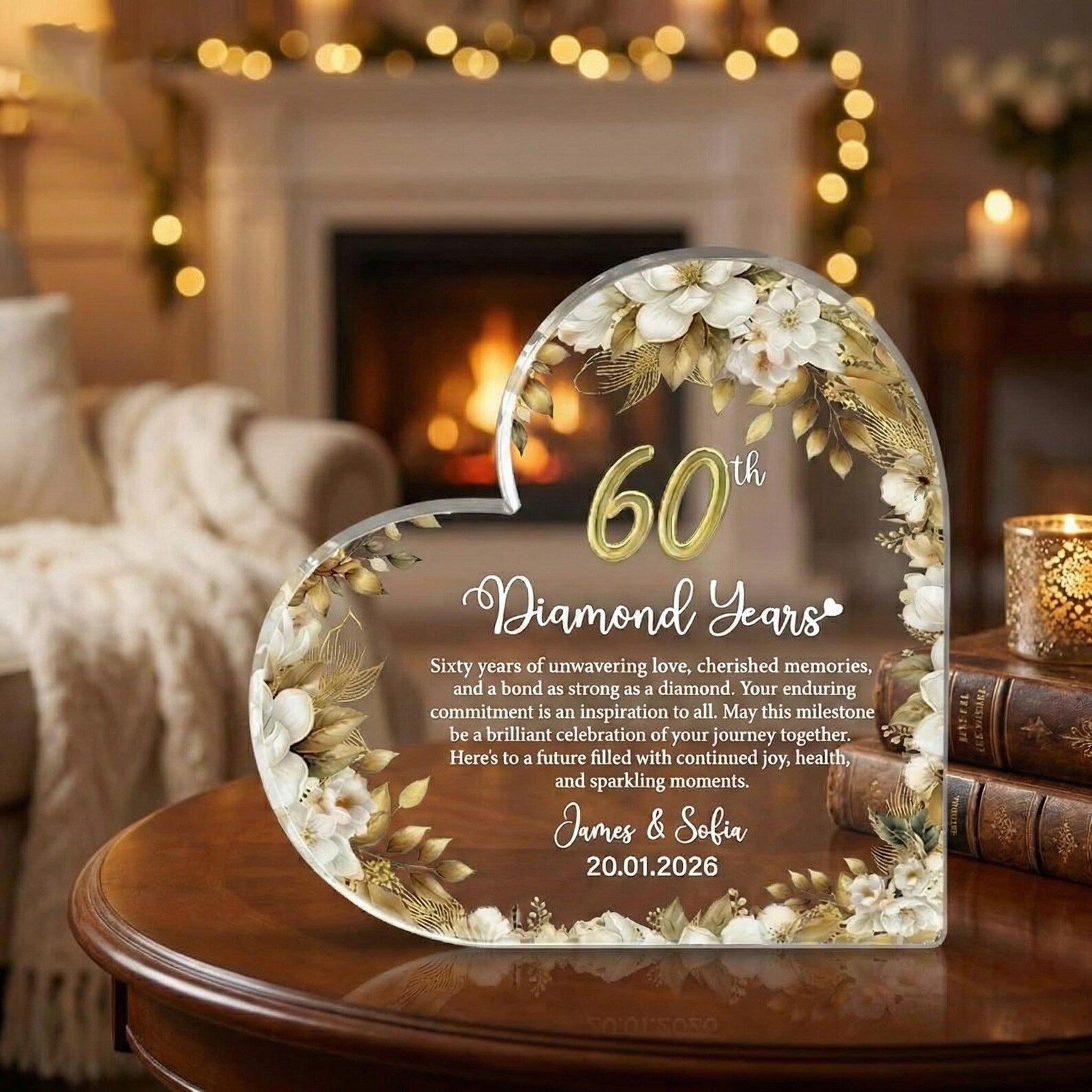 60th Anniversary Gift Personalized Diamond Anniversary Plaque Custom Names Date Keepsake Floral Acrylic Sign, Wedding Vow Renewal, Gift 2026
