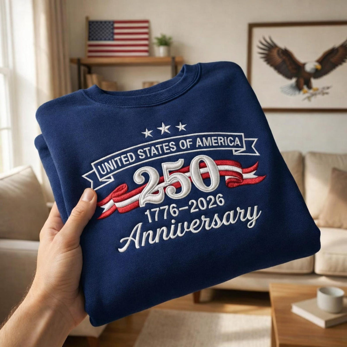 Embroidered 250th Anniversary USA Shirt 1776-2026, Mens USA Sweatshirt, Patriotic 250 Anniversary Crewneck, Women Fourth of July Sweatshirt
