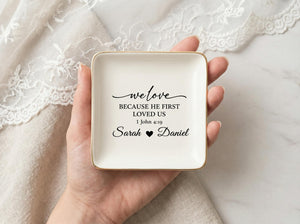 Personalized Engagement Ring Dish, Custom Ceramic Bible Jewelry Tray, Christian Wedding Gift for Couple, Bedroom Decor for Everyday Use