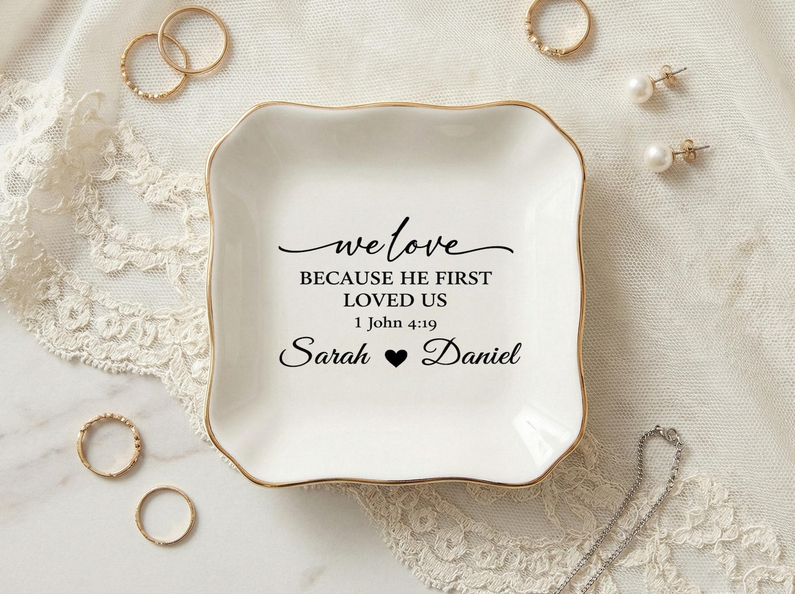 Personalized Engagement Ring Dish, Custom Ceramic Bible Jewelry Tray, Christian Wedding Gift for Couple, Bedroom Decor for Everyday Use