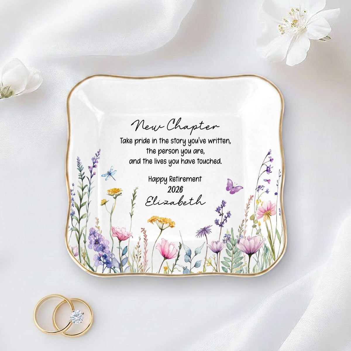 Personalized Happy Retirement Ring Dish, Custom Floral Ceramic Jewelry Tray, Retirement Gift for Women, Coworker Farewell,Colleague Keepsake