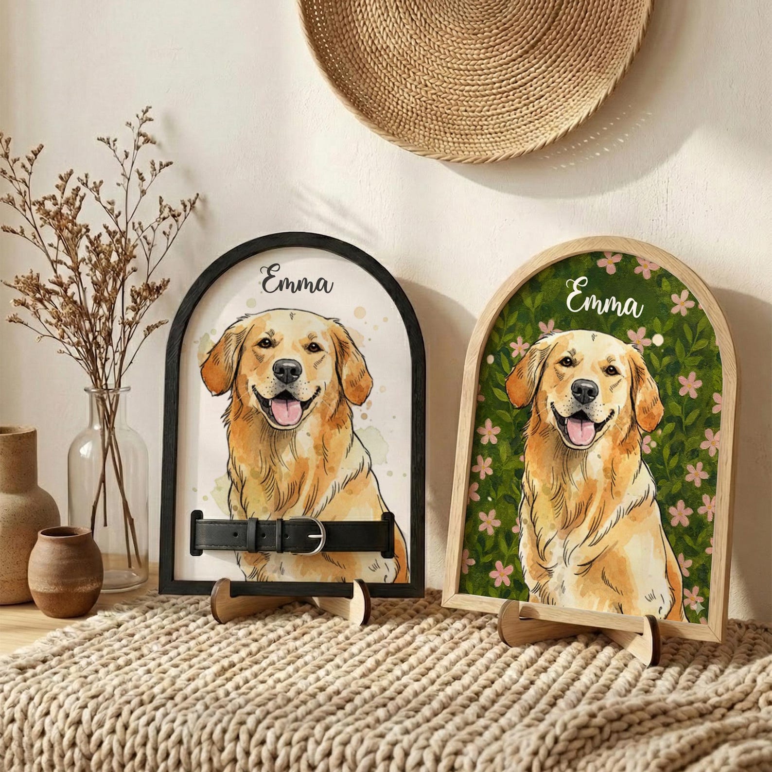 Custom Watercolor Pet Collar Sign| Loss of Dog, Cat Gift| Pet Collar Holder Using Pet Photo| Dog Memorial Wood Frame With Collar Holder