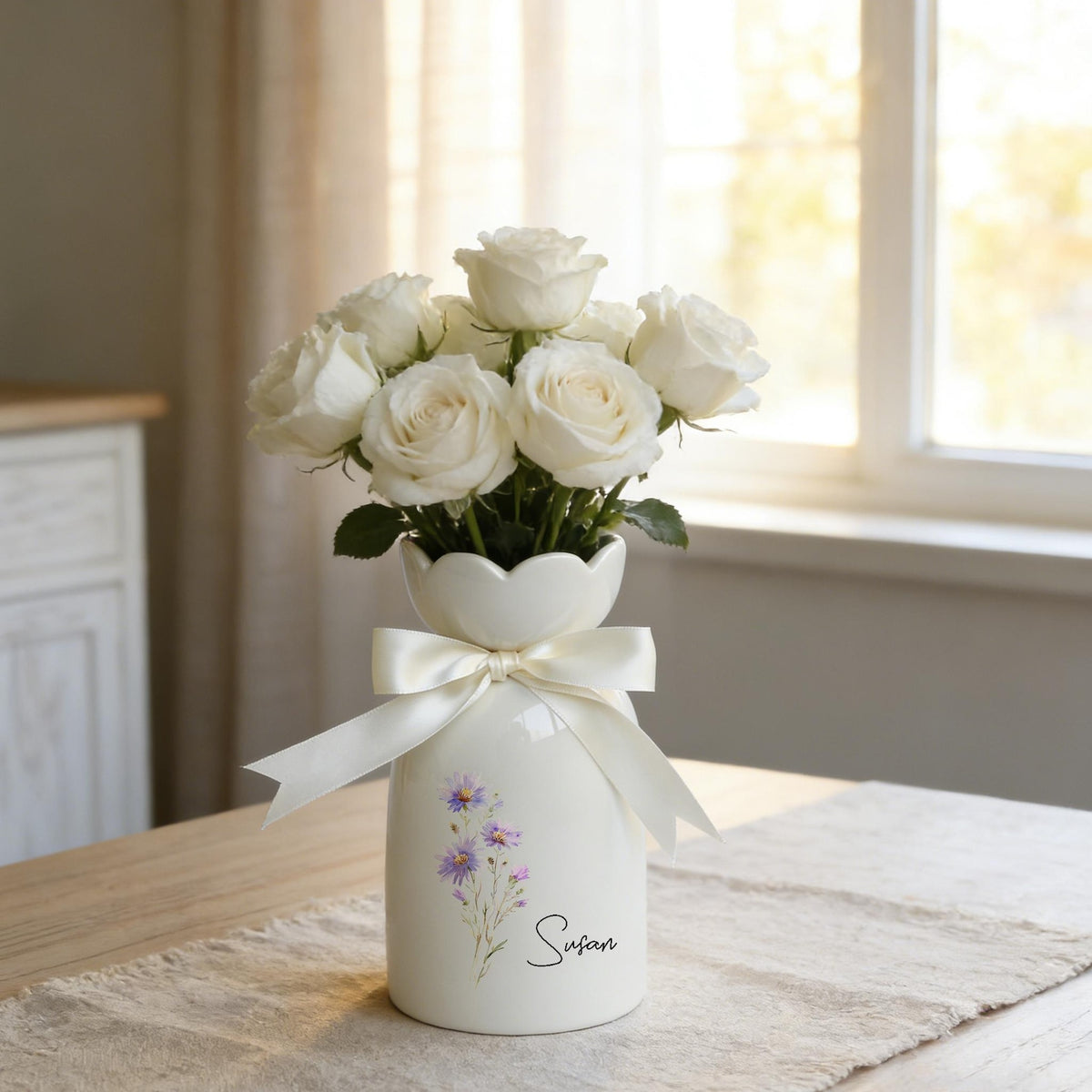 Personalized Birth Flower Vase With Name, Ceramic Vase Birthday Gift, Gift for Mom, Birthday Gift for Grandmother, Bridesmaid Gifts with Bow