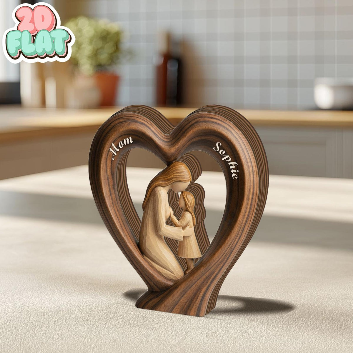Personalized Mom and Son 2D FLAT Wooden Heart Block, Custom Name Family Keepsake Decor, Rustic Wood Table Sign, Mothers Day Gift for Mom