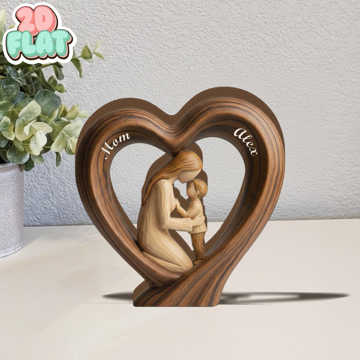 Personalized Mom and Son 2D FLAT Wooden Heart Block, Custom Name Family Keepsake Decor, Rustic Wood Table Sign, Mothers Day Gift for Mom