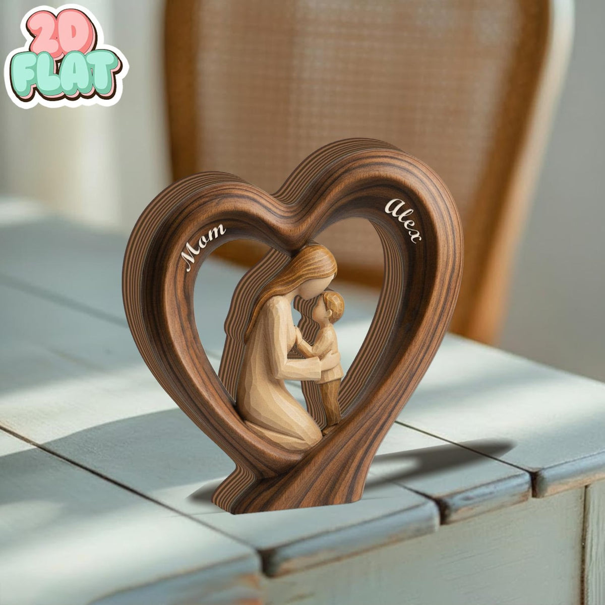 Personalized Mom and Son 2D FLAT Wooden Heart Block, Custom Name Family Keepsake Decor, Rustic Wood Table Sign, Mothers Day Gift for Mom