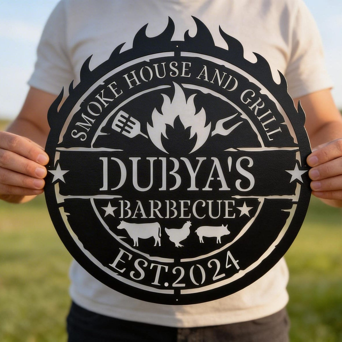 Personalized Metal BBQ Sign Custom Smoke House & Grill Wall Art Outdoor Kitchen Decor Gift for Grill Master, Father's Day Gift For Father, Grandfather - Garden BBQ Plaque