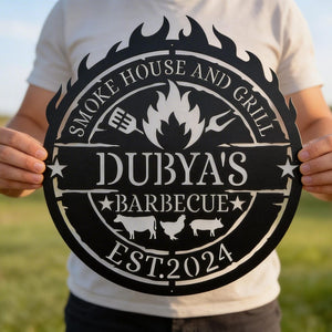 Personalized Metal BBQ Sign Custom Smoke House & Grill Wall Art Outdoor Kitchen Decor Gift for Grill Master, Father's Day Gift For Father, Grandfather - Garden BBQ Plaque