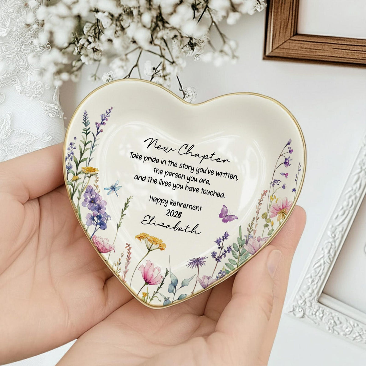 Personalized Happy Retirement Ring Dish, Custom Floral Ceramic Jewelry Tray, Retirement Gift for Women, Coworker Farewell,Colleague Keepsake