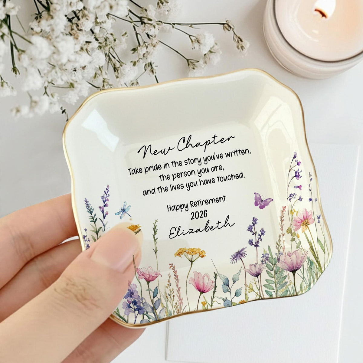Personalized Happy Retirement Ring Dish, Custom Floral Ceramic Jewelry Tray, Retirement Gift for Women, Coworker Farewell,Colleague Keepsake
