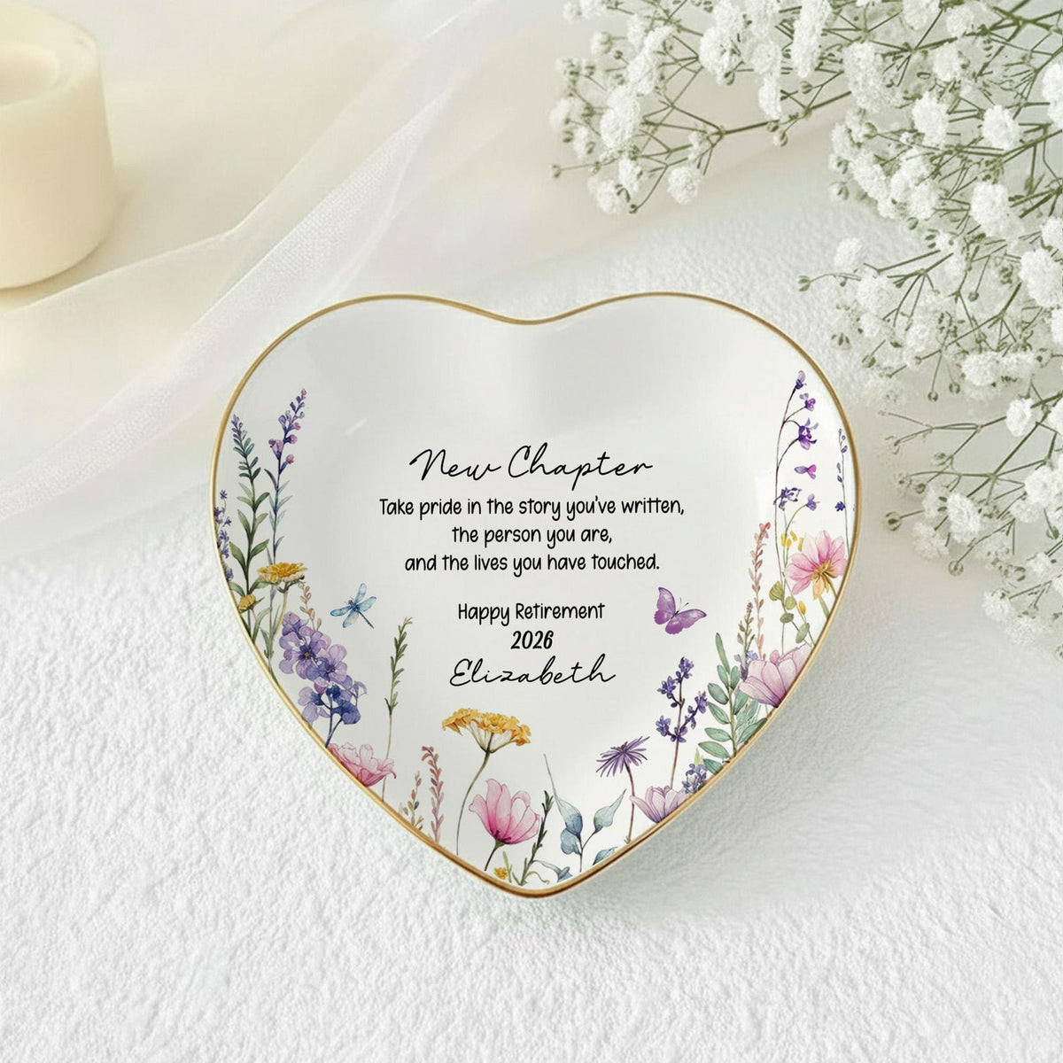 Personalized Happy Retirement Ring Dish, Custom Floral Ceramic Jewelry Tray, Retirement Gift for Women, Coworker Farewell,Colleague Keepsake