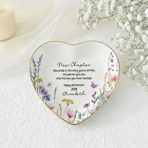 Personalized Happy Retirement Ring Dish, Custom Floral Ceramic Jewelry Tray, Retirement Gift for Women, Coworker Farewell,Colleague Keepsake