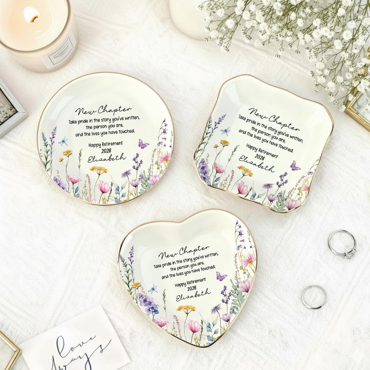 Personalized Happy Retirement Ring Dish, Custom Floral Ceramic Jewelry Tray, Retirement Gift for Women, Coworker Farewell,Colleague Keepsake