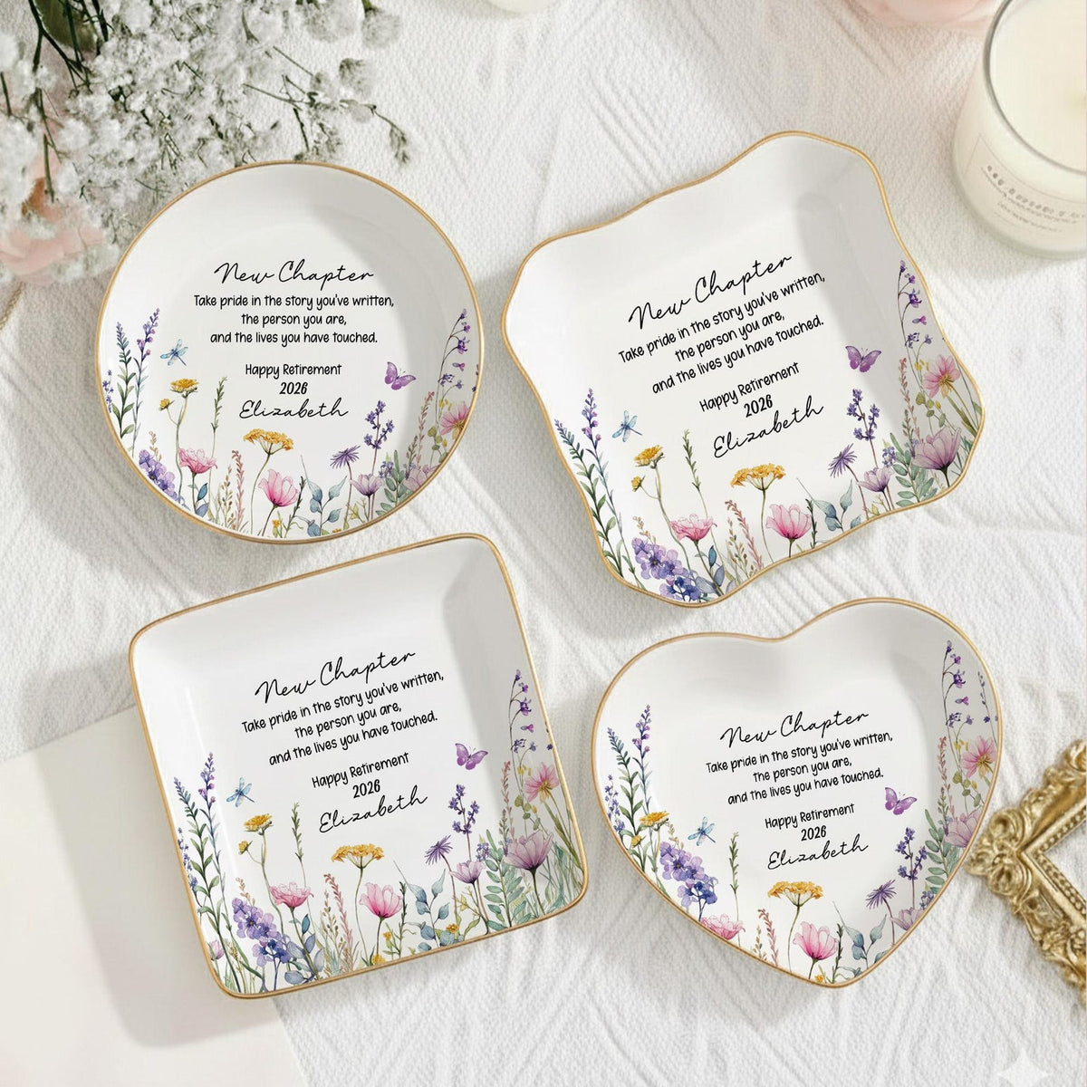 Personalized Happy Retirement Ring Dish, Custom Floral Ceramic Jewelry Tray, Retirement Gift for Women, Coworker Farewell,Colleague Keepsake