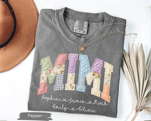 Personalized Gigi Faux Patchwork Shirt Comfort Colors Tshirt Grandma Shirt With Grandkids, Custom Mimi Tee, Gift For Gigi, Nana, Mothers Day Gift