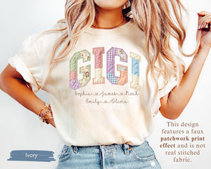 Personalized Gigi Faux Patchwork Shirt Comfort Colors Tshirt Grandma Shirt With Grandkids, Custom Mimi Tee, Gift For Gigi, Nana, Mothers Day Gift