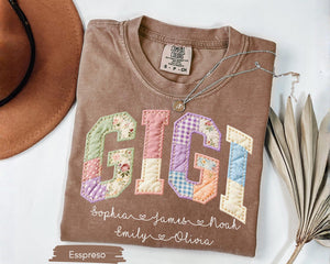 Personalized Gigi Faux Patchwork Shirt Comfort Colors Tshirt Grandma Shirt With Grandkids, Custom Mimi Tee, Gift For Gigi, Nana, Mothers Day Gift