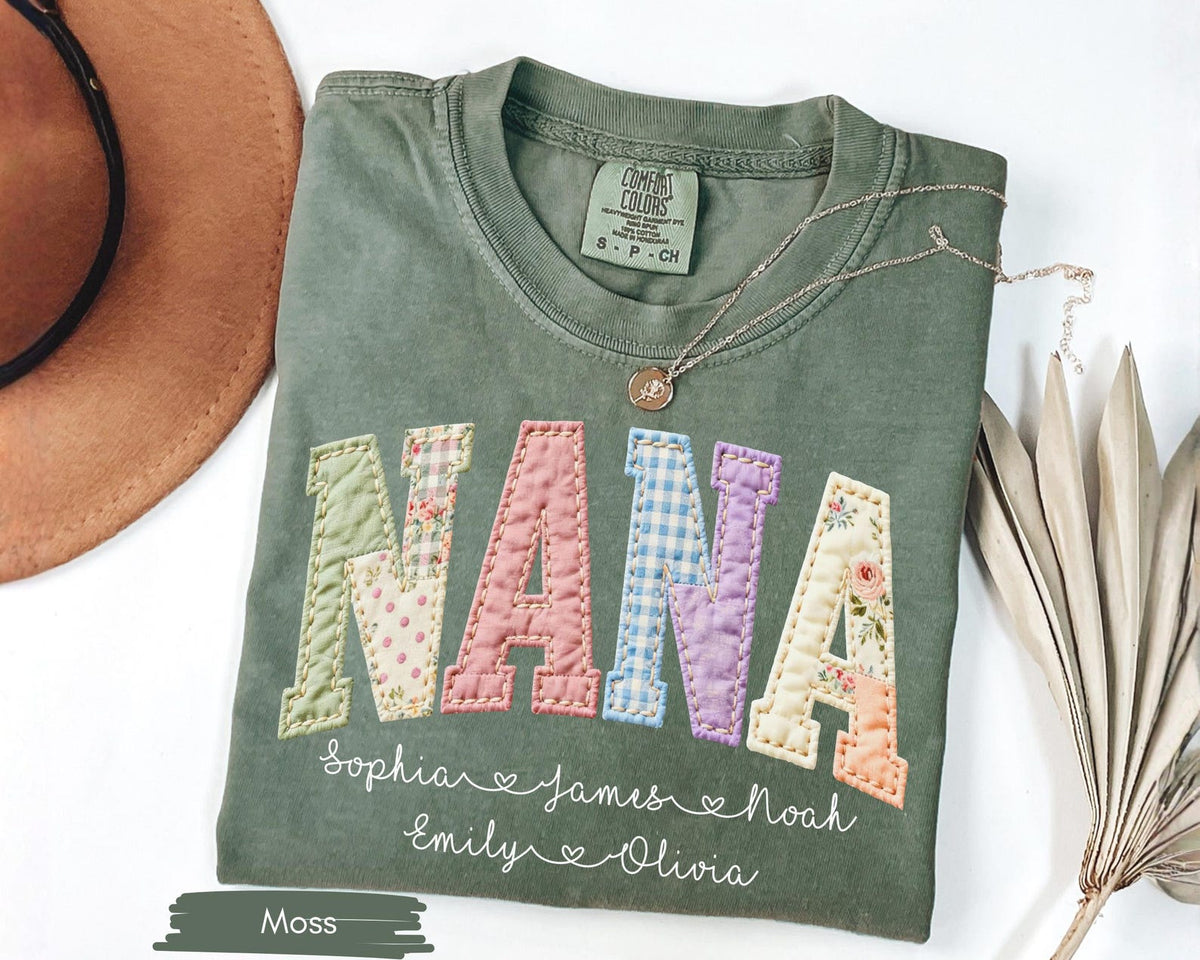 Personalized Gigi Faux Patchwork Shirt Comfort Colors Tshirt Grandma Shirt With Grandkids, Custom Mimi Tee, Gift For Gigi, Nana, Mothers Day Gift