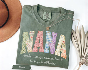 Personalized Gigi Faux Patchwork Shirt Comfort Colors Tshirt Grandma Shirt With Grandkids, Custom Mimi Tee, Gift For Gigi, Nana, Mothers Day Gift