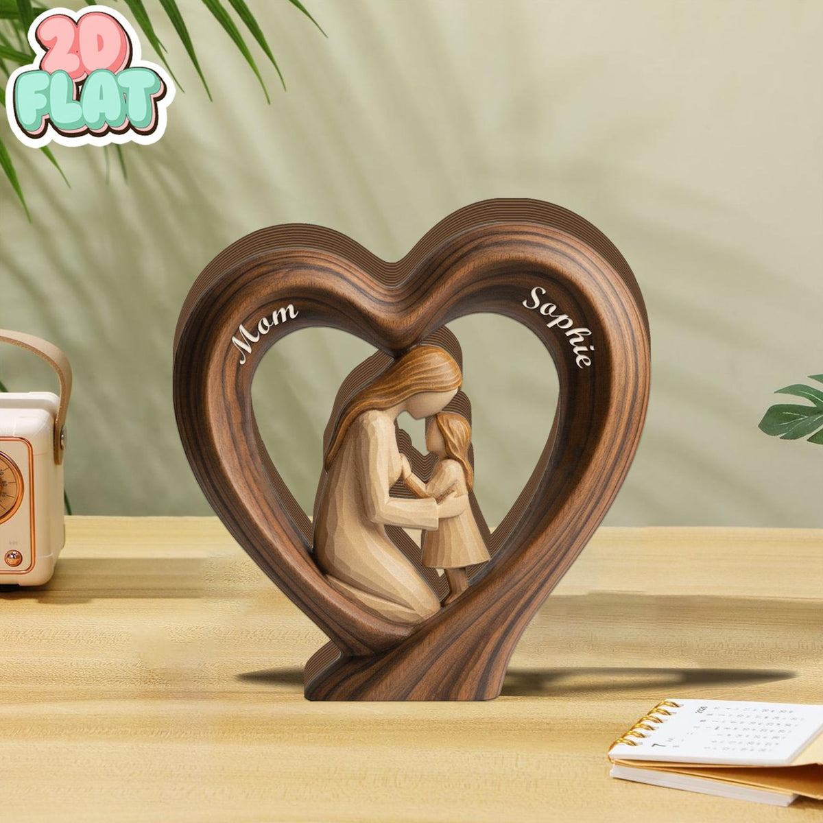 Personalized Mom and Son 2D FLAT Wooden Heart Block, Custom Name Family Keepsake Decor, Rustic Wood Table Sign, Mothers Day Gift for Mom