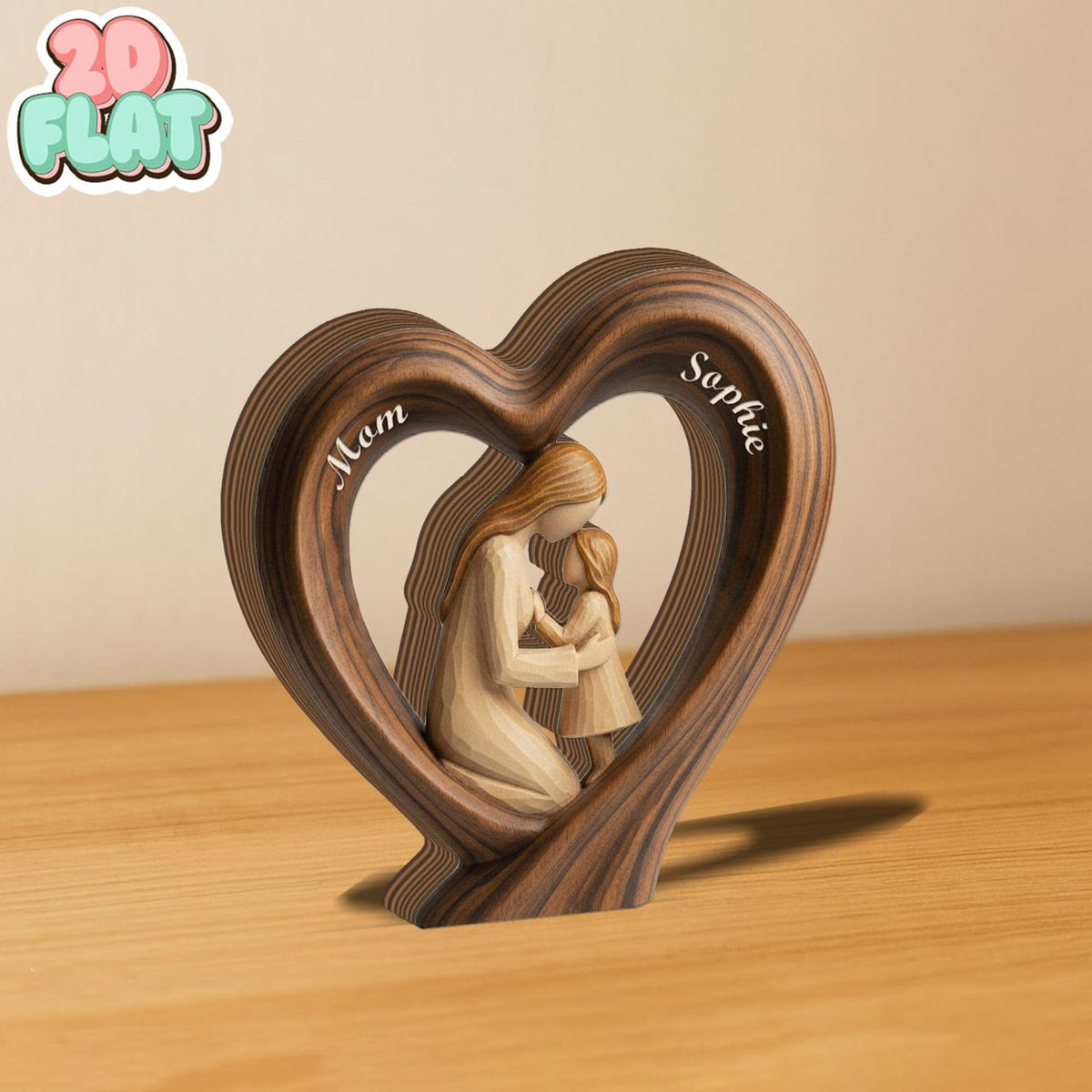 Personalized Mom and Son 2D FLAT Wooden Heart Block, Custom Name Family Keepsake Decor, Rustic Wood Table Sign, Mothers Day Gift for Mom
