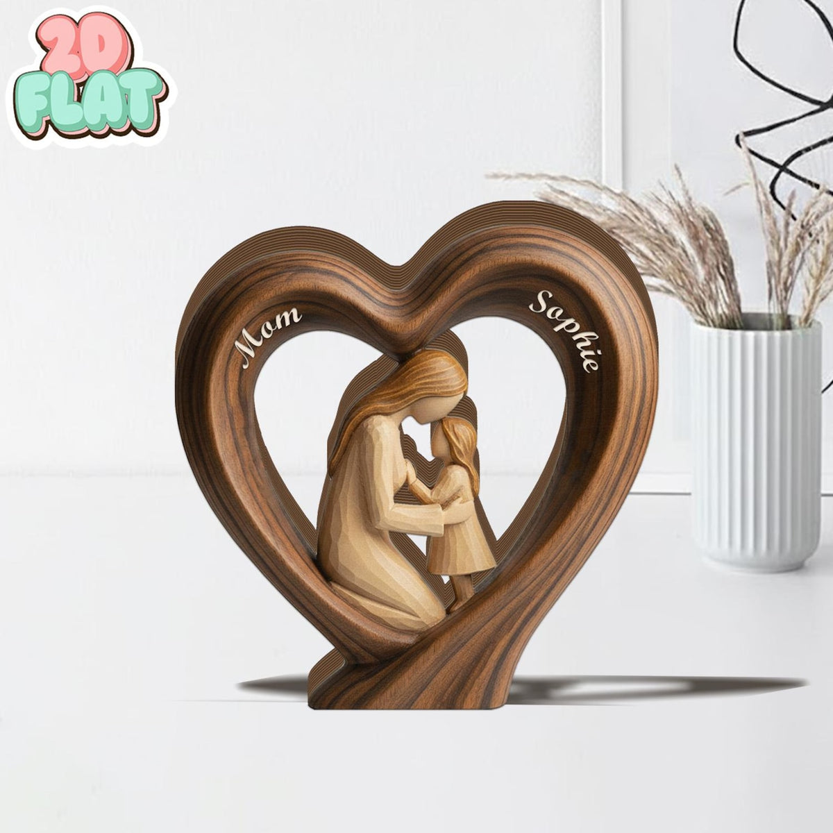 Personalized Mom and Son 2D FLAT Wooden Heart Block, Custom Name Family Keepsake Decor, Rustic Wood Table Sign, Mothers Day Gift for Mom