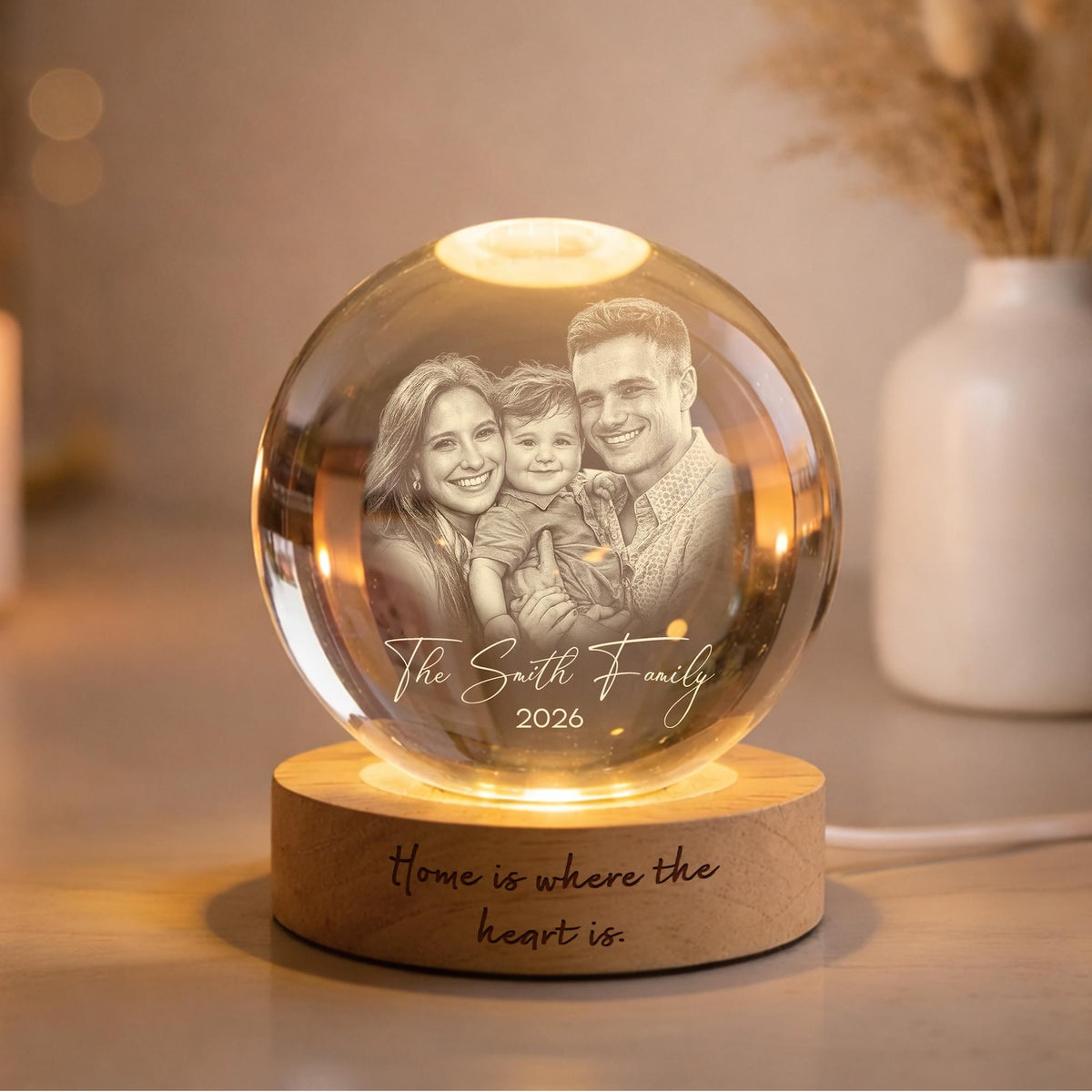Personalized 3D Crystal Ball Photo Portrait LED, Engraved Photo Ball LED Night Light, Family Photo Gift, Anniversary Gifts