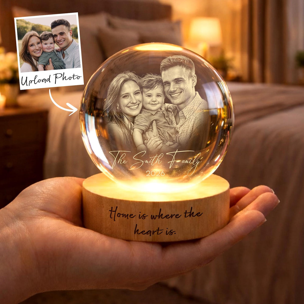 Personalized 3D Crystal Ball Photo Portrait LED, Engraved Photo Ball LED Night Light, Family Photo Gift, Anniversary Gifts