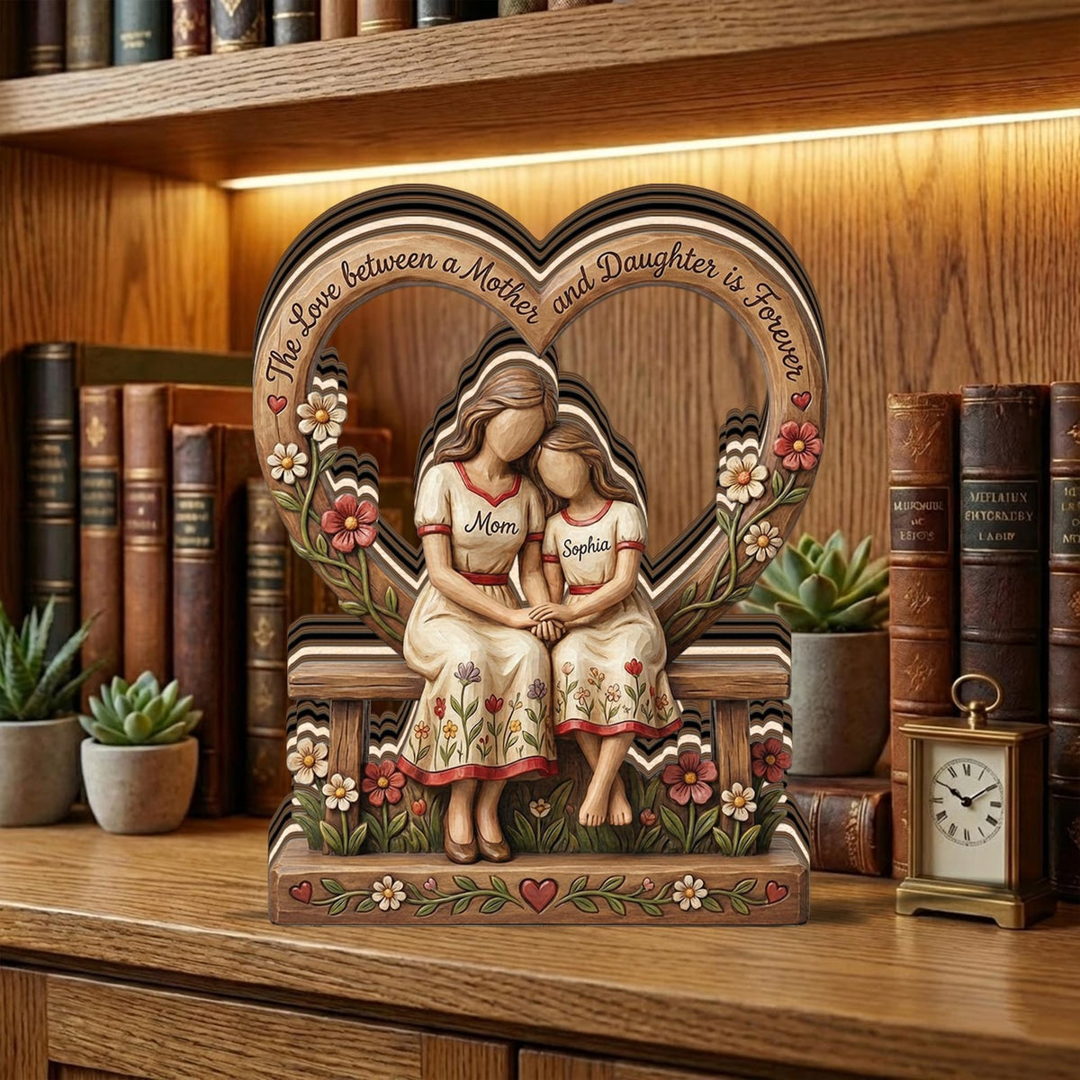 Personalized Mother Daughter Wooden Sculpture, Custom Mom Gift from Daughter, Heart Keepsake Decor, Birthday Christmas Mothers Day