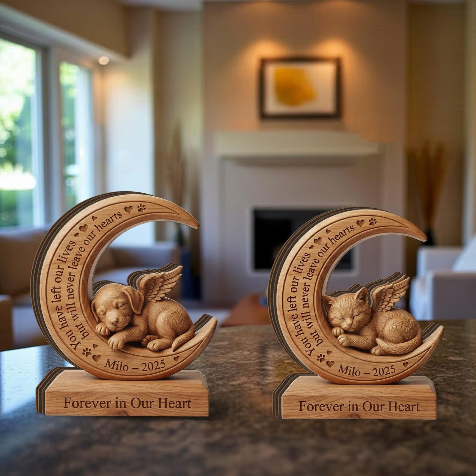 Personalized Pet Memorial Wooden Block: Custom Angel Dog or Cat Moon Sign, Sympathy Gift