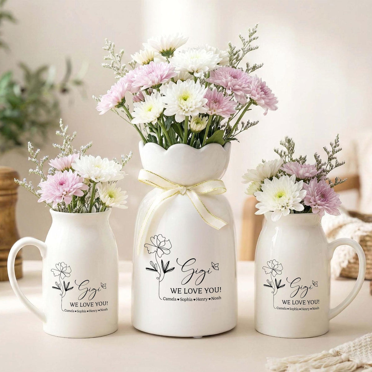 Personalized Ceramic Flower Vase for Grandma, Custom Name Gift for Mom, Mother s Day Decor, Family Keepsake
