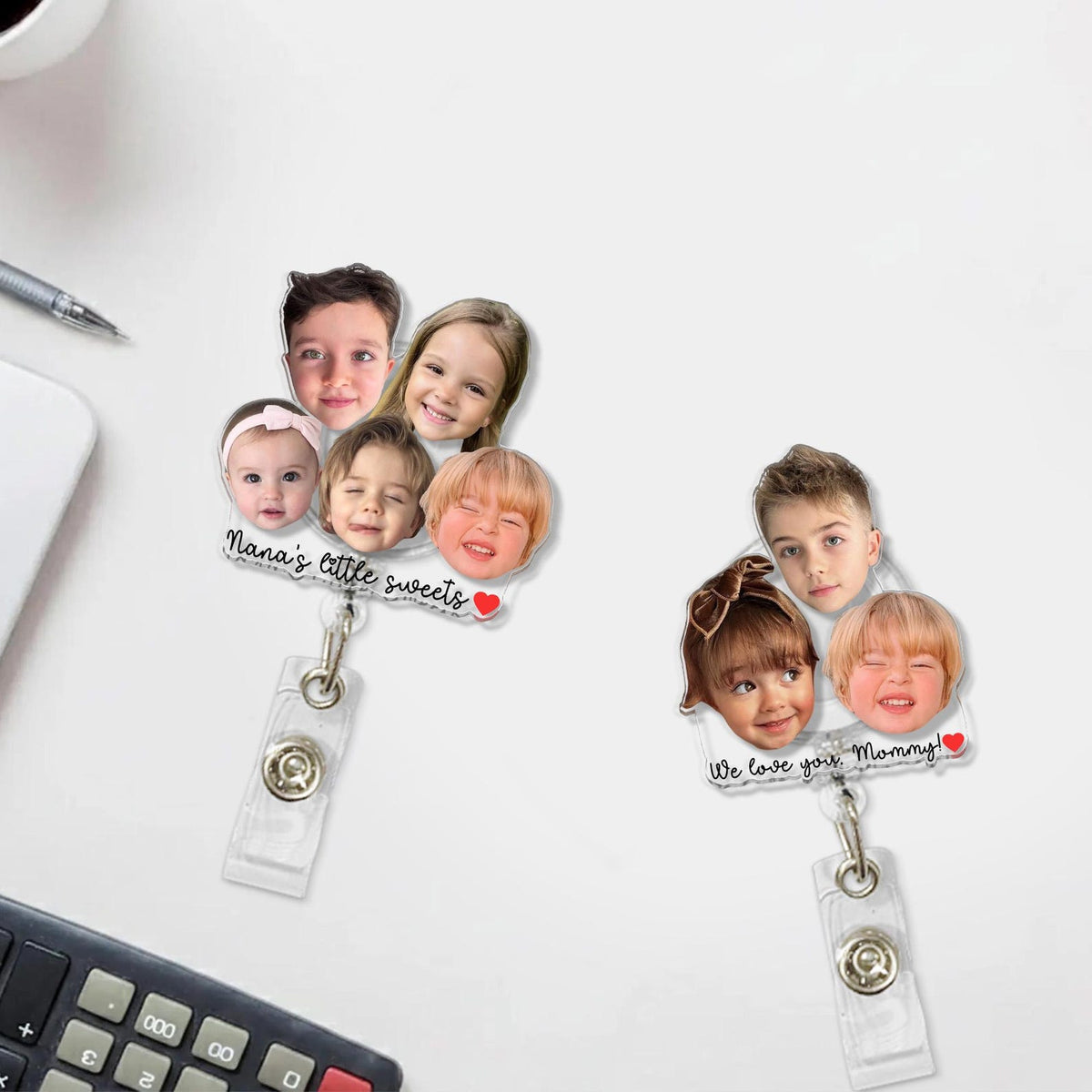 Personalized Acrylic Kids and Pets Faces Badge Reel: Custom Baby Face Photo Badge Reel, Mothers Day Gift for Mom, Grandma