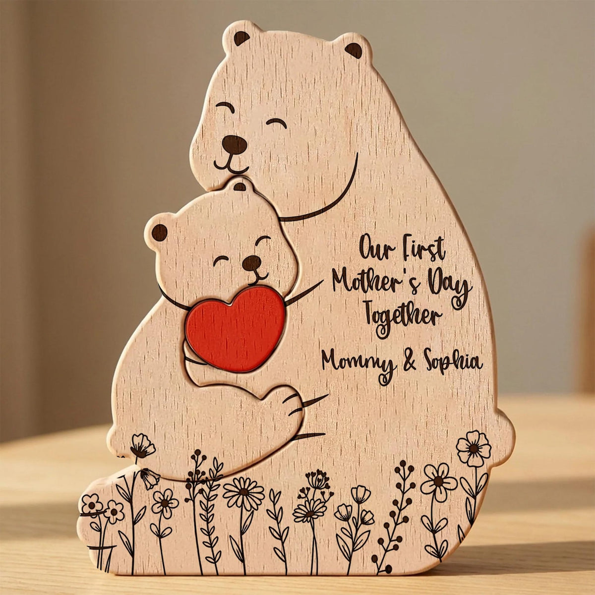 Personalized Mama Bear And Baby Wooden Puzzle, Custom First Mothers Day Gift For New Mom, Mother Daughter Son Figurine, Nursery Room Decor