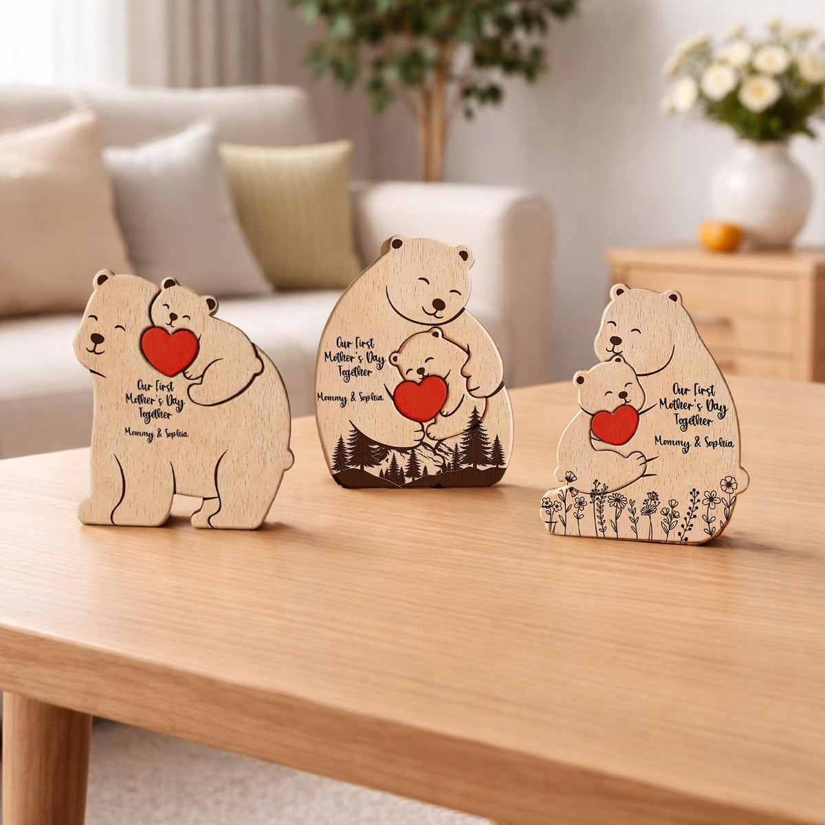 Personalized Mama Bear And Baby Wooden Puzzle, Custom First Mothers Day Gift For New Mom, Mother Daughter Son Figurine, Nursery Room Decor