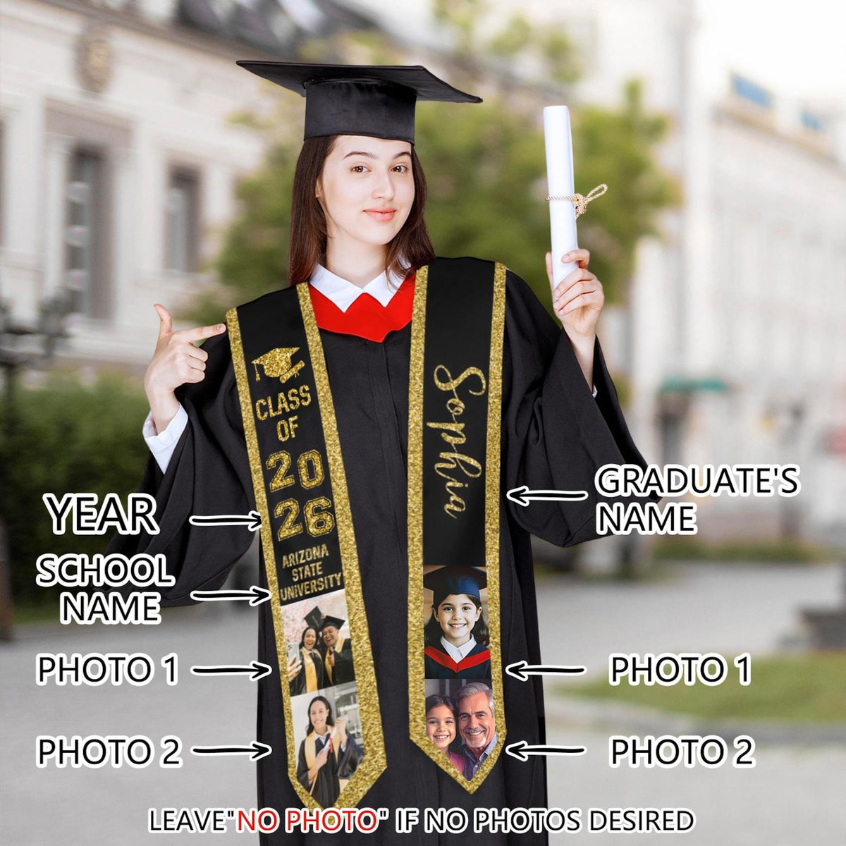 Personalized Graduation Stole with Photos, Graduation Sash Custom Name Photo Graduation Stole Class of 2026, Graduate Gift for Her Him