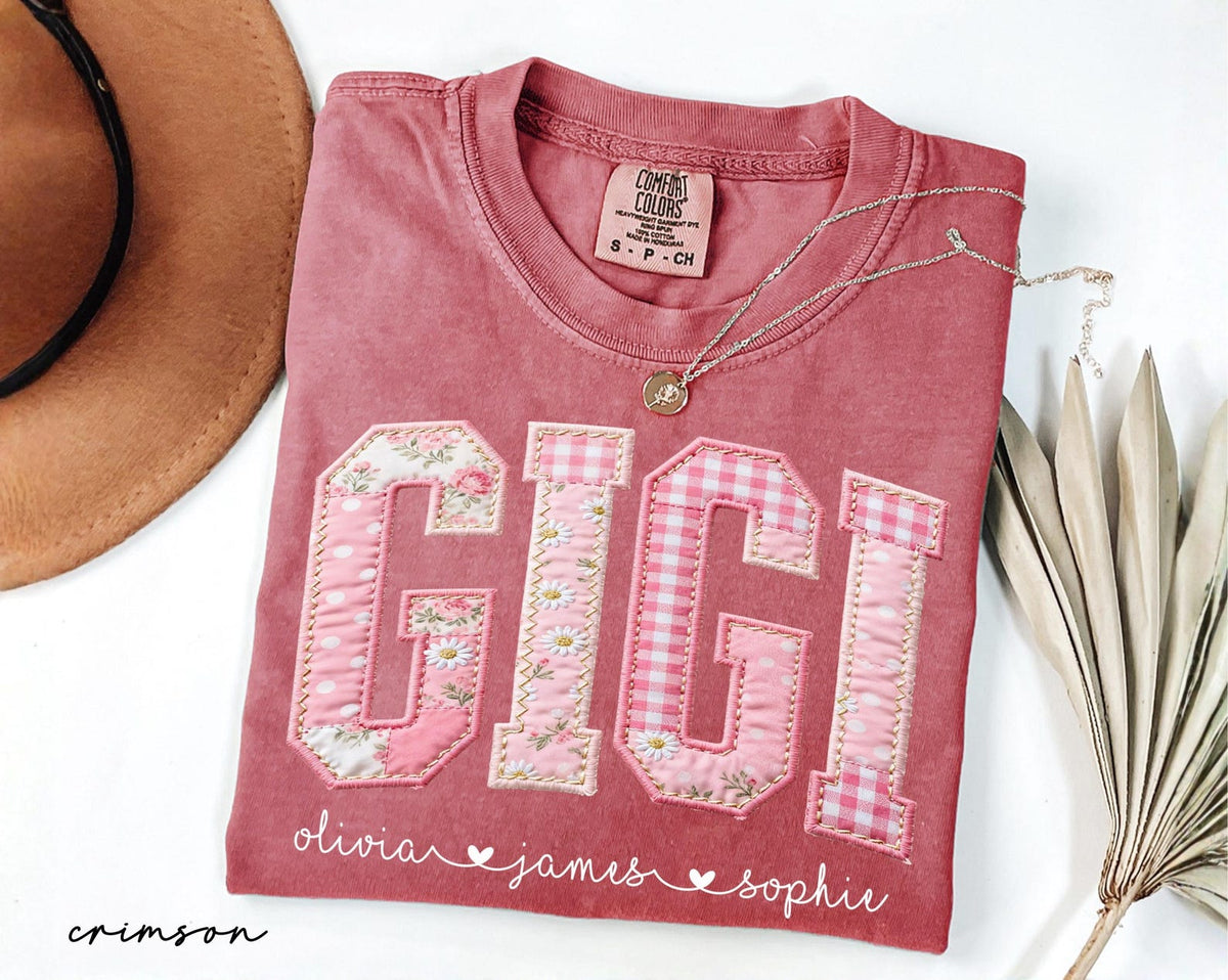 Personalized Gigi Shirt With Grandkids Names, Floral Faux Patchwork Grandma Tee, Mothers Day Gift For Nana, New Gigi Gifts
