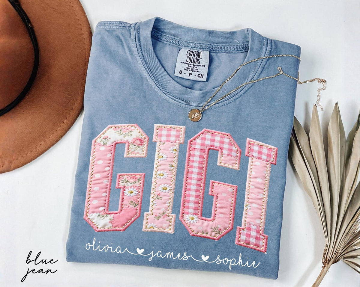 Personalized Gigi Shirt With Grandkids Names, Floral Faux Patchwork Grandma Tee, Mothers Day Gift For Nana, New Gigi Gifts