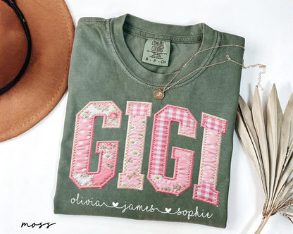 Personalized Gigi Shirt With Grandkids Names, Floral Faux Patchwork Grandma Tee, Mothers Day Gift For Nana, New Gigi Gifts