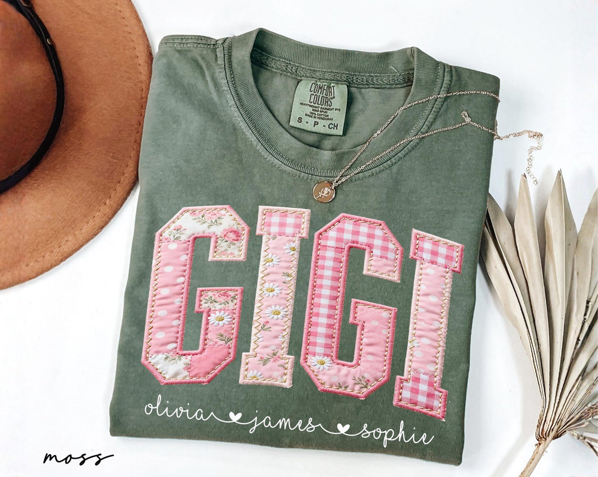 Personalized Gigi Shirt With Grandkids Names, Floral Faux Patchwork Grandma Tee, Mothers Day Gift For Nana, New Gigi Gifts