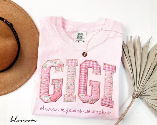 Personalized Gigi Shirt With Grandkids Names, Floral Faux Patchwork Grandma Tee, Mothers Day Gift For Nana, New Gigi Gifts