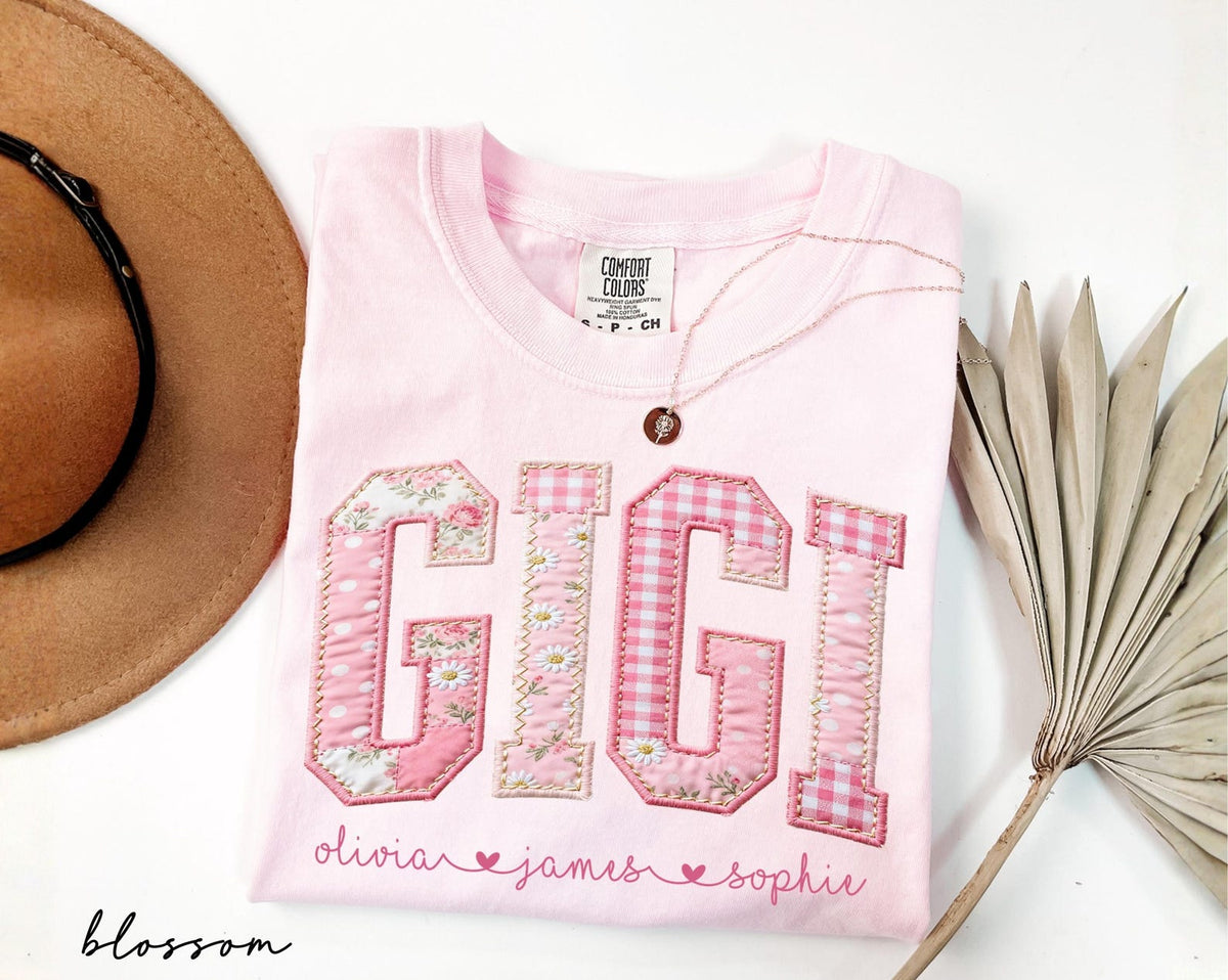 Personalized Gigi Shirt With Grandkids Names, Floral Faux Patchwork Grandma Tee, Mothers Day Gift For Nana, New Gigi Gifts