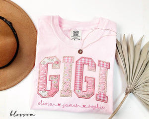 Personalized Gigi Shirt With Grandkids Names, Floral Faux Patchwork Grandma Tee, Mothers Day Gift For Nana, New Gigi Gifts