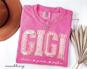 Personalized Gigi Shirt With Grandkids Names, Floral Faux Patchwork Grandma Tee, Mothers Day Gift For Nana, New Gigi Gifts